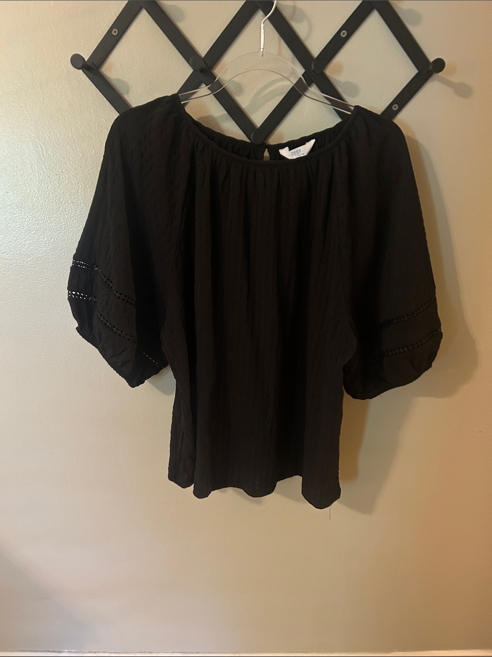 Time and Tru Black Peasant Blouse with Eyelet Sleeves